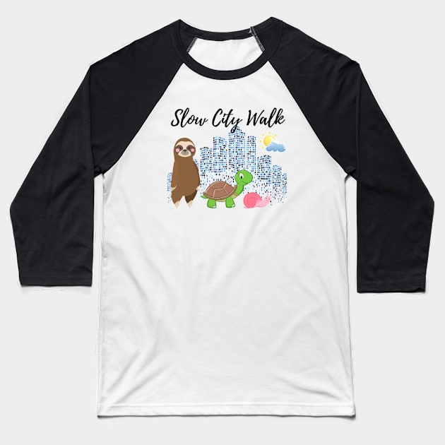 Slow  City Walk - gang of Sloth, Tortoise and Snail Baseball T-Shirt by Tranquility